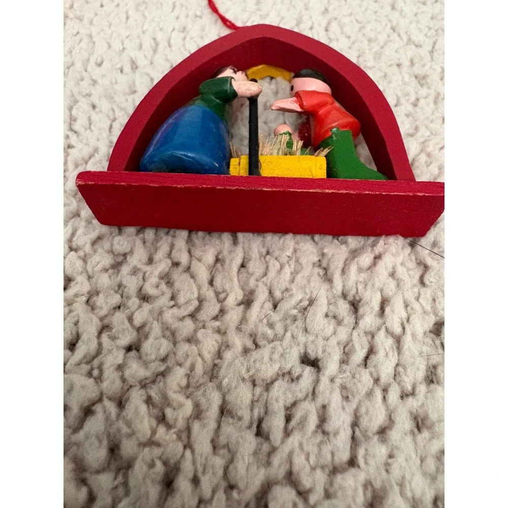 Vintage Wooden Nativity Scene Christmas Ornament Hand Painted Folk Art Religious